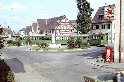 BVB, Allschwil, Tram mit Be 4/4 in Wendeschleife, Aufnahme 1963