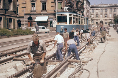 VBZ, Zürich Tannenstrasse bei der ETH (heute Station ETH/Universitätsspital), Linien 6 und 10, Be 2/2 1337, Aufnahme 1962