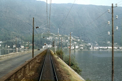 SBB, Strecke Bellinzona-Chiasso, Ponte Diga im alten Zustand, Lago di Lugano, Aufnahme 1957