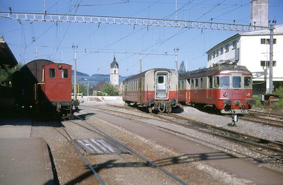 Wohlen-Meisterschwanden-Bahn, Fahrwangen-Meisterschwanden, BDe 4/4 1, Bt 11 und Ta 2/2 31 Aufnahme 1969