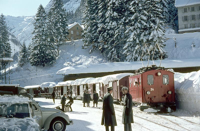 Furka-Oberalp-Bahn, Göschenen, Güterzug, HGe 2/2 24, Aufnahme 1968