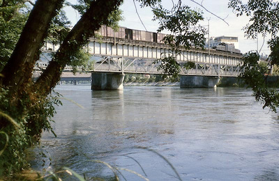 SBB, Olten, Gäubahnbrücke, Güterzug mit Be 6/8 III, Aufnahme 1961
