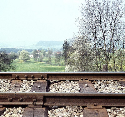 MThB, Gleis, mit Laschen verschraubte Schienenstösse, Aufnahme 1960