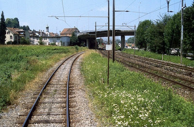 RhW, Rheineck, Trassen der RhW (links) und SBB (rechts), Aufnahme 1993